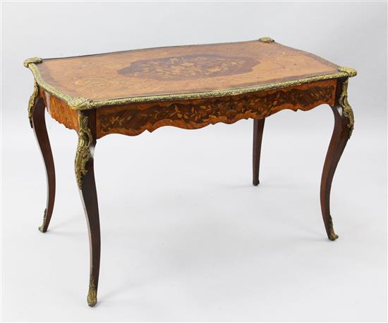 A Victorian ormolu mounted marquetry inlaid kingwood and rosewood centre table, W.3ft 9in. D.2ft 3in. H.2ft 5in.